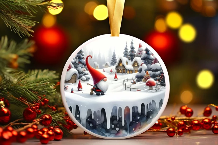 Melting Winter Scene with Gnome Round Ornament Sublimation