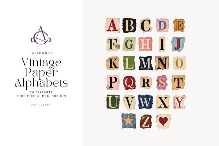 Vintage Uppercase Alphabet Clipart, 28 Torn Papers example image 1