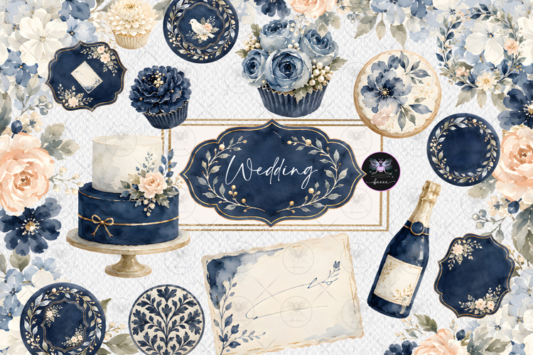 Navy Blue Floral Wedding Watercolor Clipart