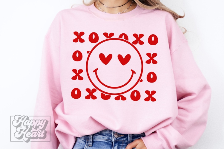 XOXO Valentines Day Happy Face SVG PNG - Retro Hugs Kisses