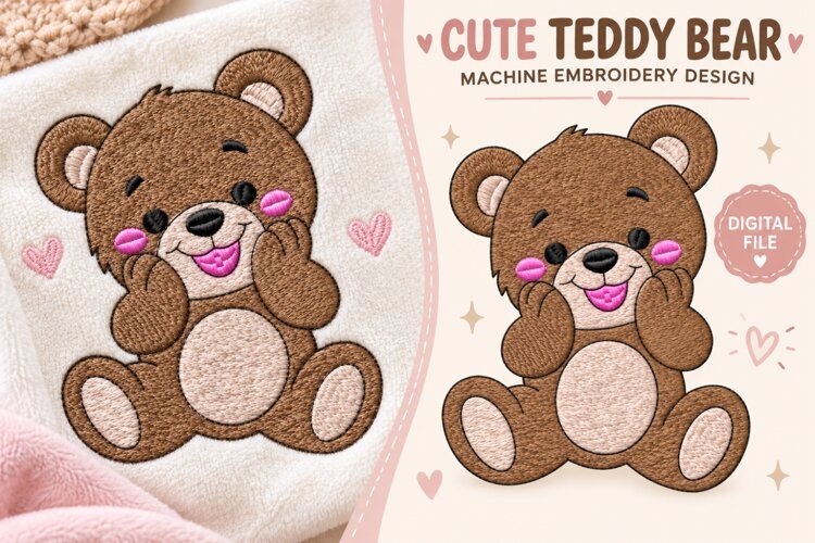 Cute Teddy Bear Machine Embroidery Design example image 1