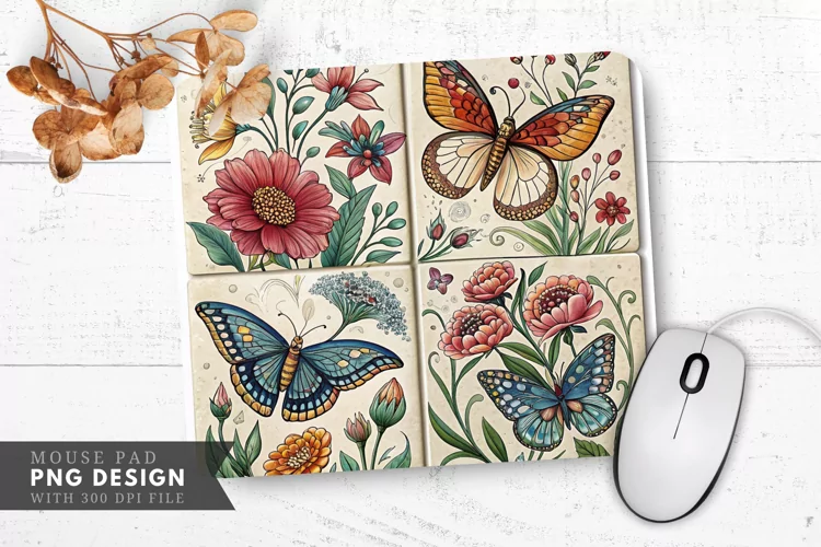 Butterfly And Floral Tile Design Mouse Pad PNG Design