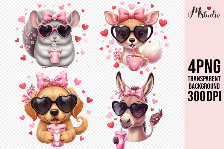 Adorable Pink Heart Animals Drinking Cute Beverages