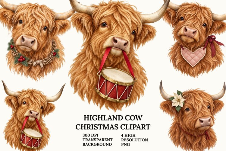 Highland Cow Christmas Clipart with Snowman and Book PNG example image 1