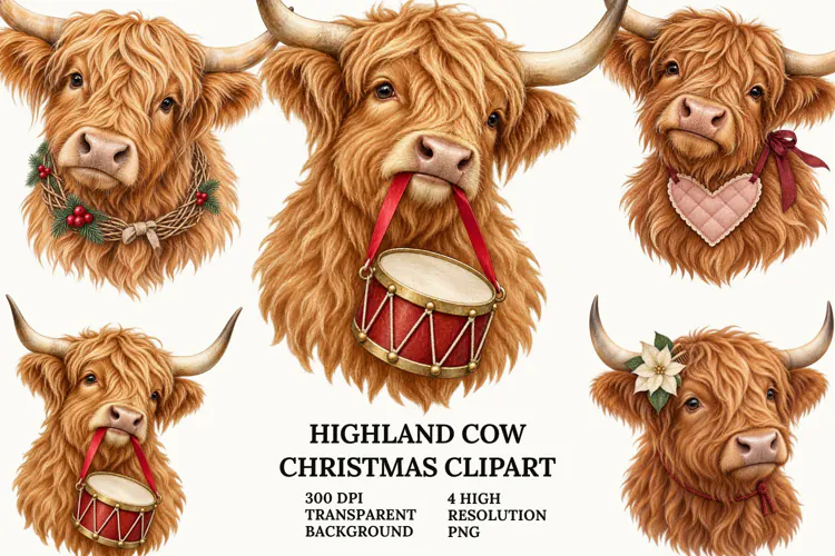 Highland Cow Christmas Clipart with Snowman and Book PNG