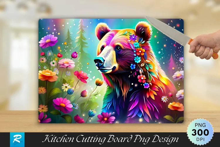 Multicolored Bear with Flowers Cutting Board PNG Design