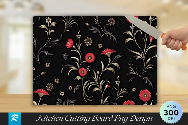 Flowers On Black Cutting Board Sublimation Design