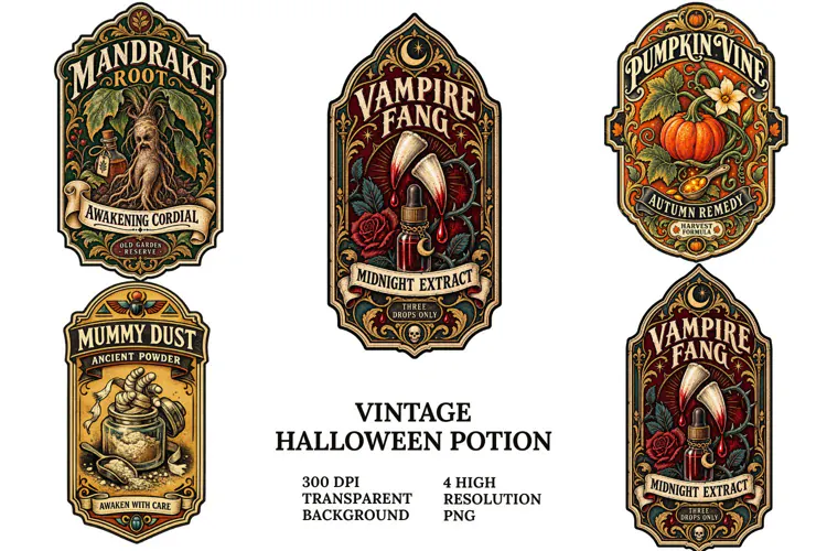 Vintage Halloween Potion PNG Gothic Apothecary Sublimation