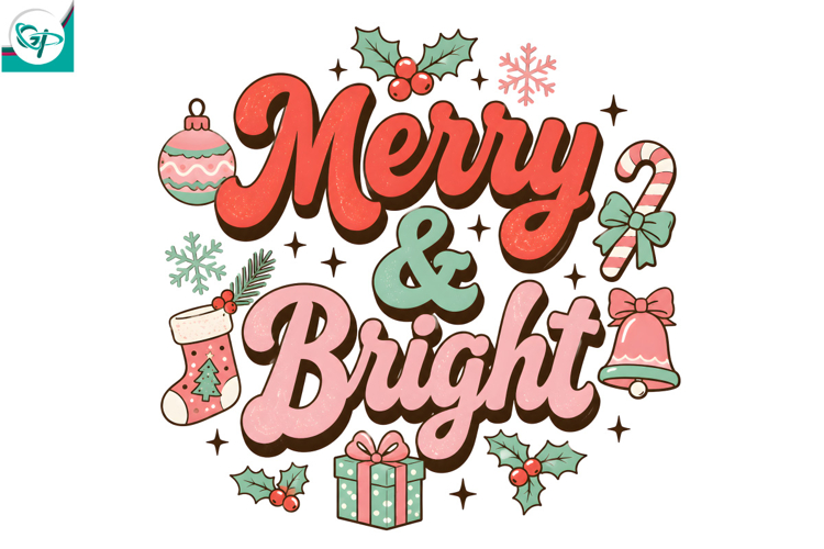 Merry & Bright PNG, Retro Christmas Sublimation, Christmas