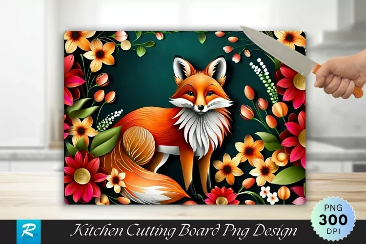 Fox With Flowers Cutting Board Sublimation Design