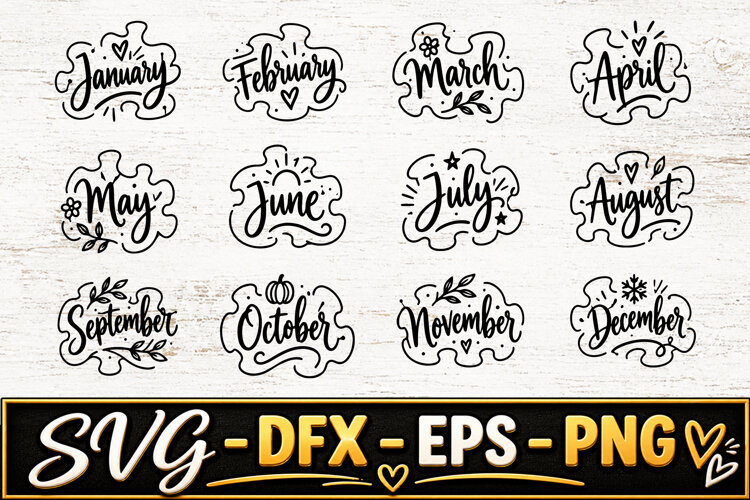 12 Months Decorative Calendar SVG PNG example image 1