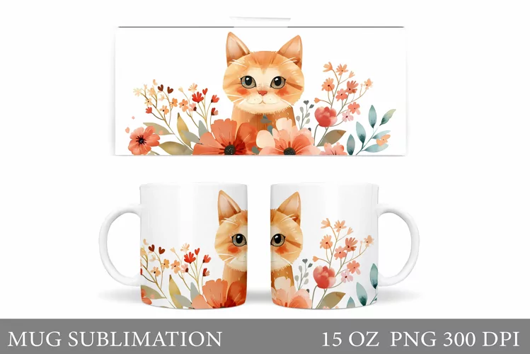 Cute Cat Mug Sublimation. Cat Flowers Mug Design