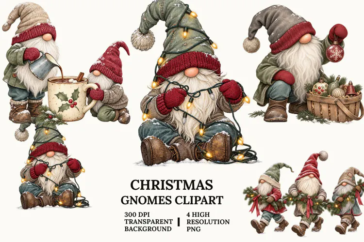 Christmas Gnome Clipart, Snow Globe, Sleigh and Mug PNG