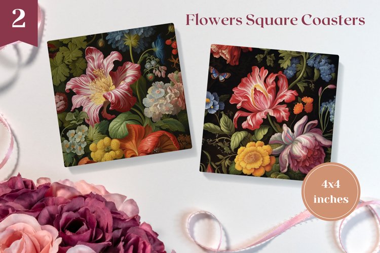 Flowers Square Coasters Sublimation, Floral Sublimation example image 1