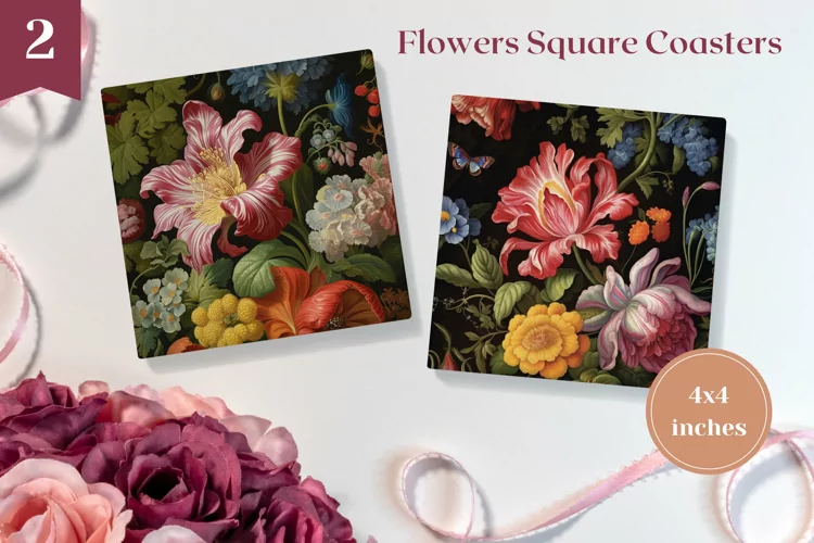 Flowers Square Coasters Sublimation, Floral Sublimation