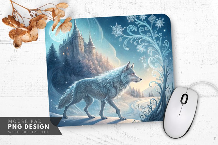 Crystal Fur Wolf in a Winter Wonderland Mouse Pad PNG Design