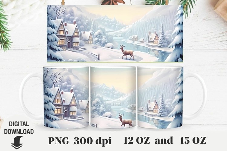 Christmas Mug Wrap, Christmas landscape Mug Sublimation example image 1