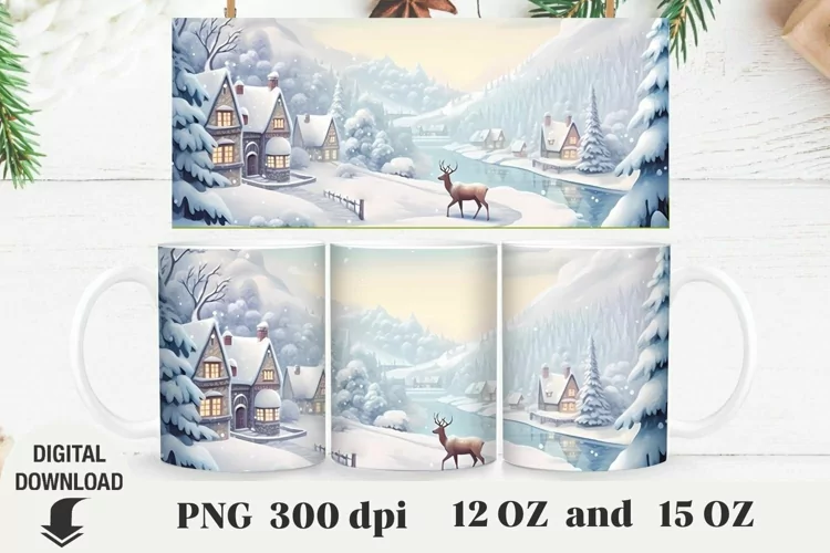 Christmas Mug Wrap, Christmas landscape Mug Sublimation