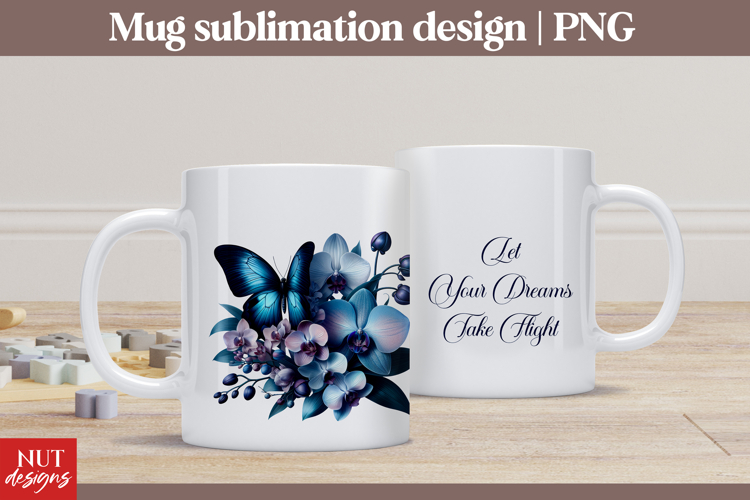 Orchid Blue Butterfly Mug sublimation Spring mug wrap
