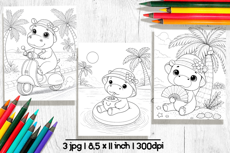 Summer Coloring Pages, Cute hippo clipart
