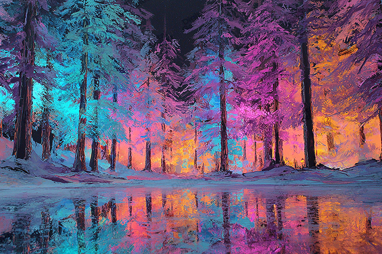 Neon Winter Forest Landscape Colorful Fantasy Glow Art