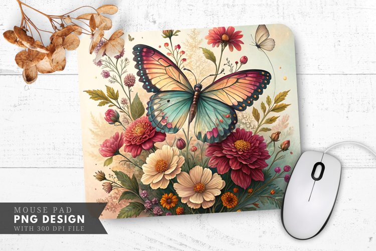 Butterfly and Floral Pressed Flower Mouse Pad PNG Design example image 1