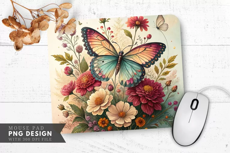 Butterfly and Floral Pressed Flower Mouse Pad PNG Design
