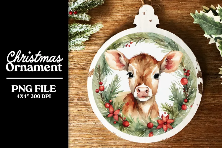 Baby Cow Christmas Ornament or Sticker Sublimation Design