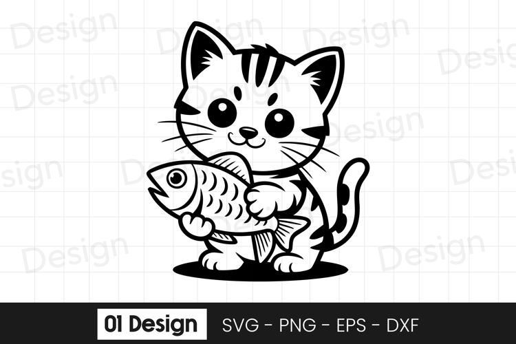 Cute Kitten with Fish Cartoon SVG PNG