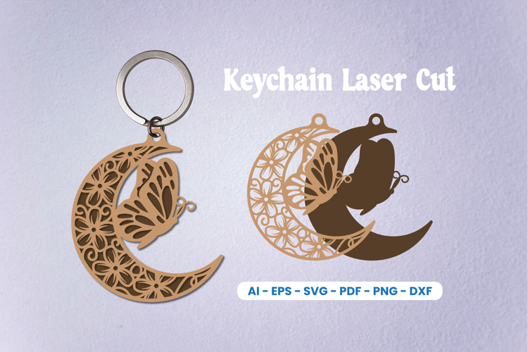Floral Butterfly Moon Keychain SVG - Crescent Moon Laser Cut