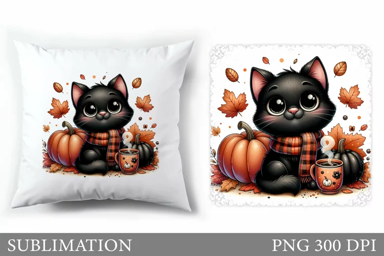 Fall Cat Pillow Design. Fall Pillow Sublimation