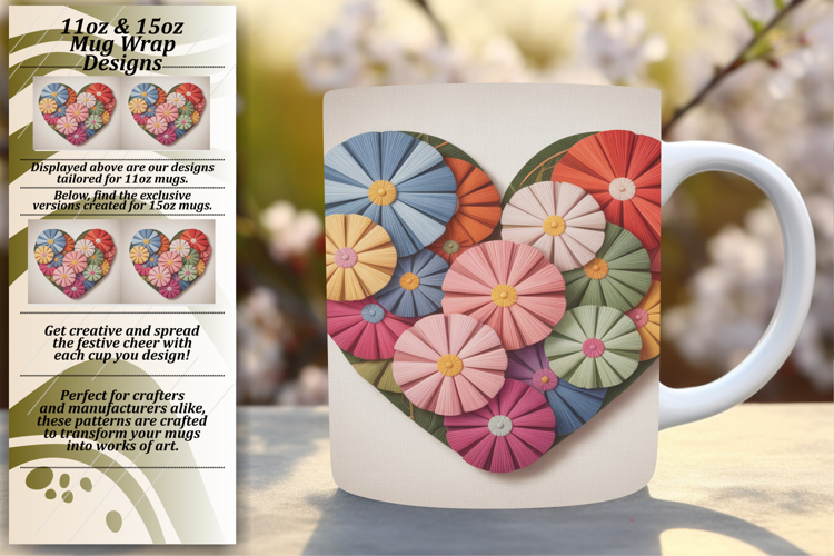 Bold 11oz Mug Wrap Png Design , Flowers Heart