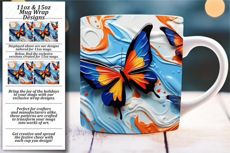Vintage-Inspired 3D Butterfly Delights: Mug Wrap 11oz 15oz
