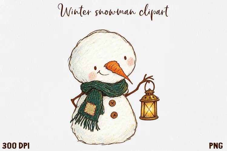 Cute Winter Snowman Clipart, Cozy Christmas Snowman PNG.