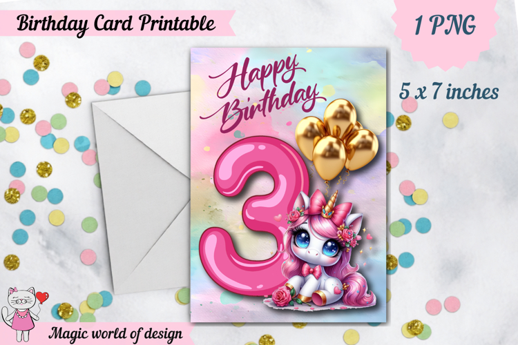 Unicorn 3rd Happy Birthday Card, Printable png