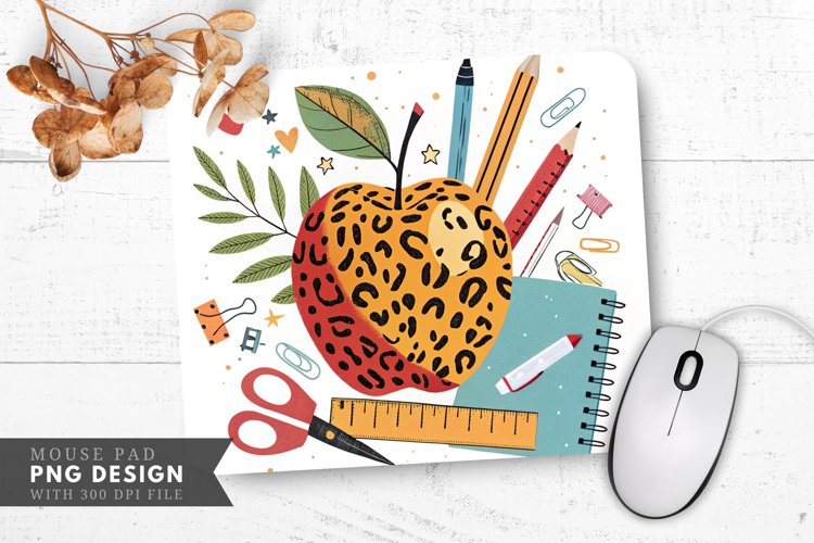 Leopard Spotted Apple Design with School Tools Mouse Pad PNG