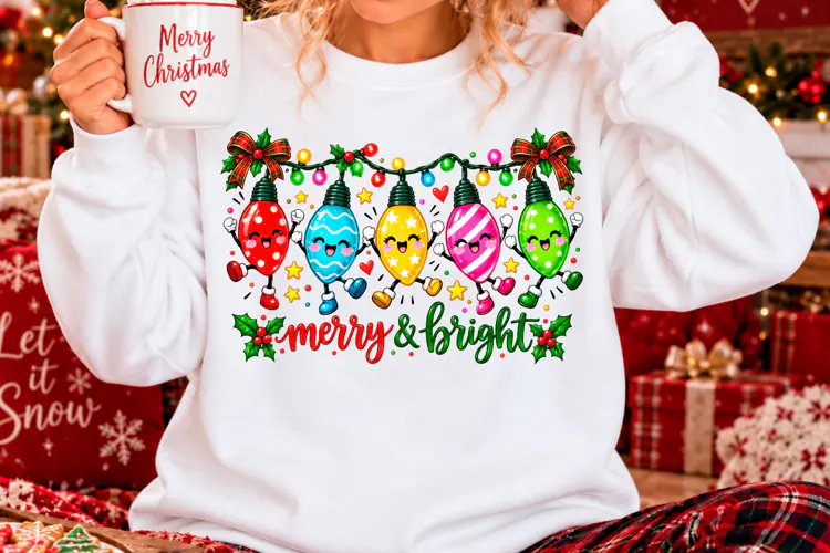 Merry and Bright Cute Christmas Lights PNG