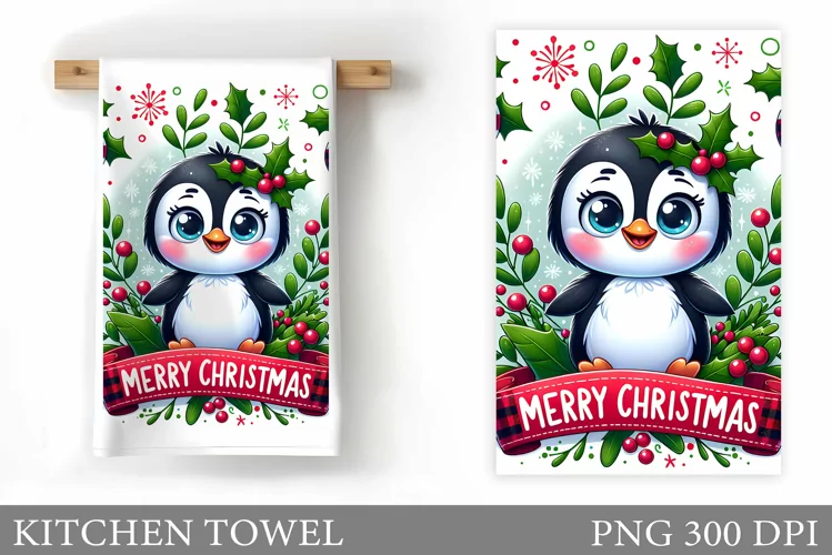Cute Penguin Kitchen Towel. Christmas Kitchen Towel Design