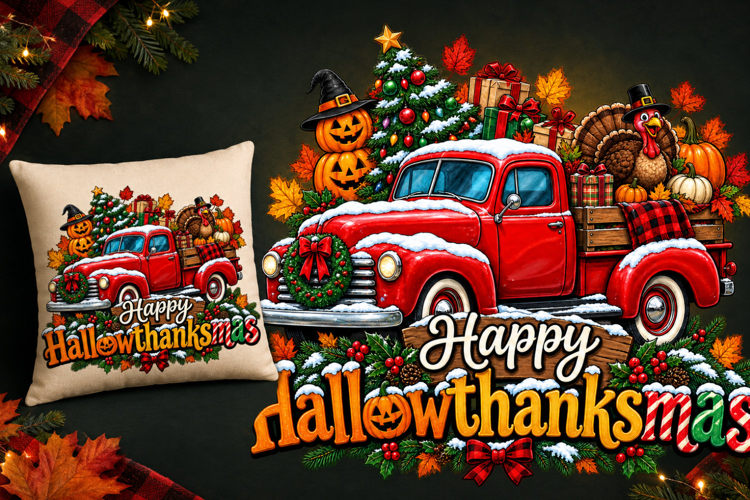 Hallowthanksmas Red Truck PNG, Halloween Thanksgiving xmas