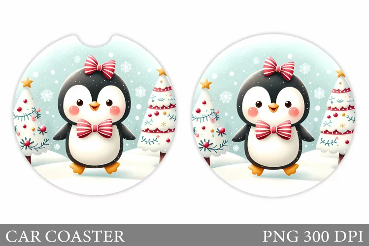 Cute Penguin Car Coaster. Christmas Car Coaster Design