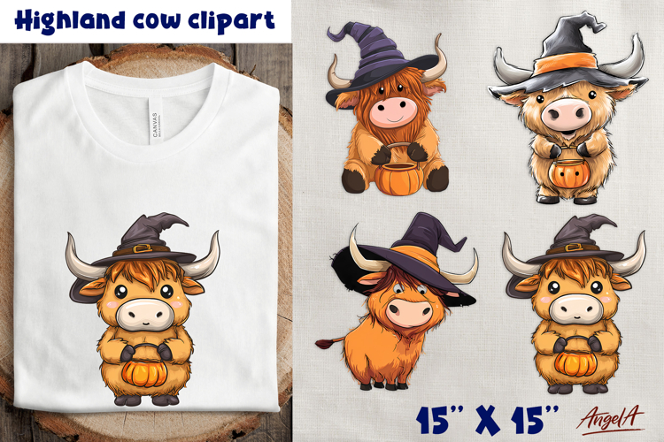 Halloween Highland cow with witch hat, pumpkin clipart PNG