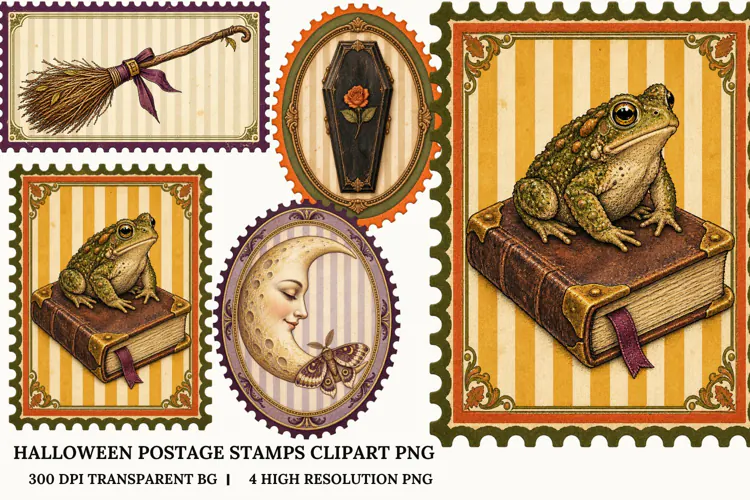 Halloween Postage Stamp PNG Vintage Clipart Sublimation Art