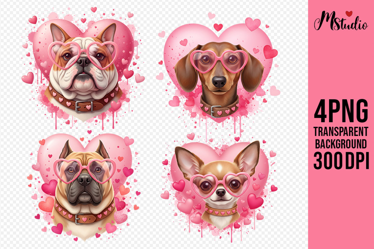 Valentine Dogs PNG Cute Puppies with Heart Glasses