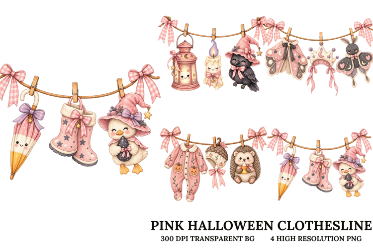 Pink Halloween Clothesline Kawaii Witch Clipart PNG