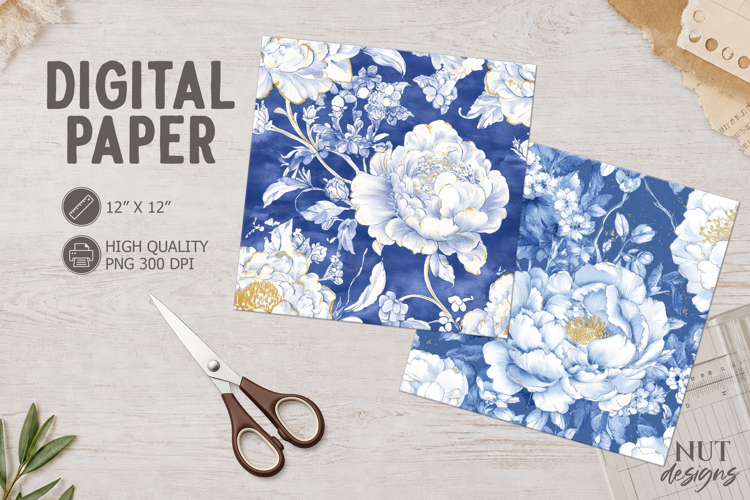 Chinoiserie Floral Paper Blue White flowers