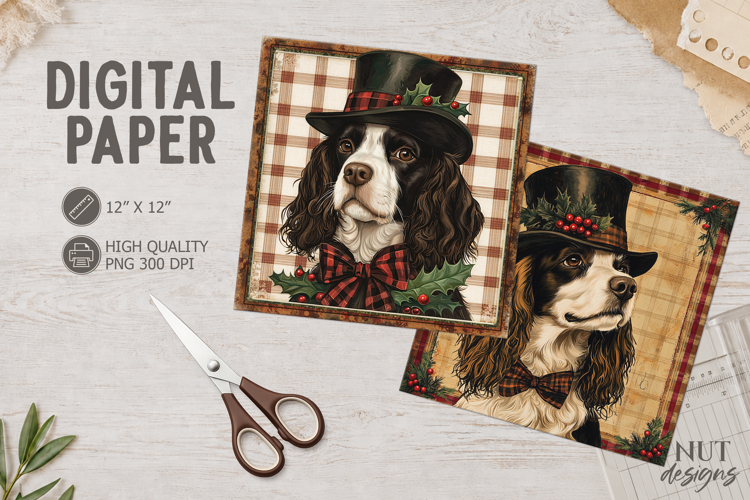 Vintage Christmas dog Digital Paper Spaniel Dog face
