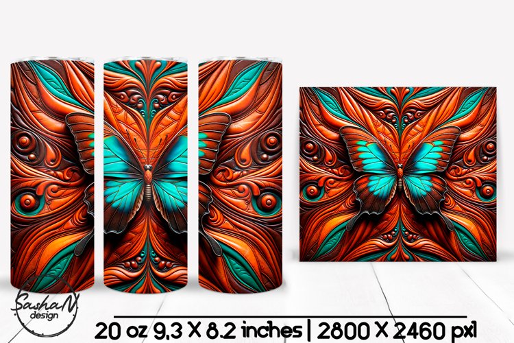 Butterfly tooled leather tumbler wrap