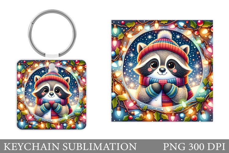 Cute Raccoon Keychain Design. Raccoon Christmas Keychain example image 1