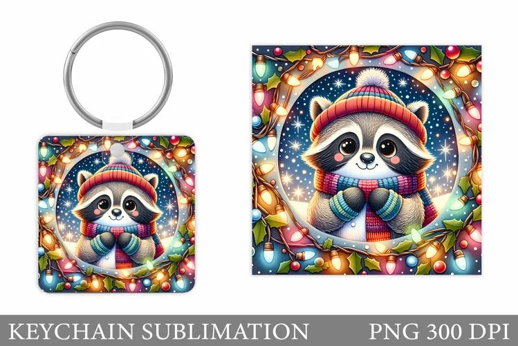 Cute Raccoon Keychain Design. Raccoon Christmas Keychain