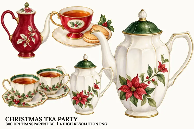 Christmas Tea Party PNG, Holiday Teacup Sublimation Design